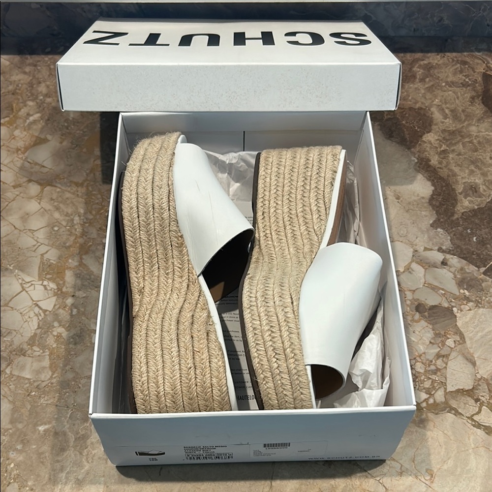 Women’s SCHUTZ Thalia White and Tan Espadrille Wedge Platform
